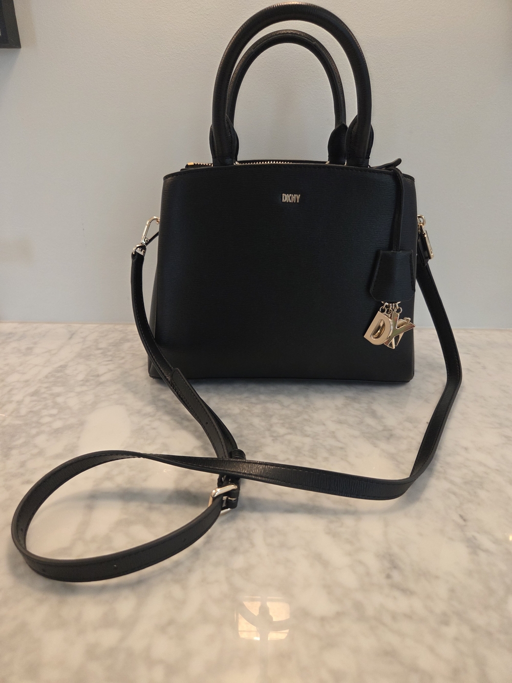 DKNY Paige Medium Satchel with Convertible Strap | Black/Gold | Genuine Leather - Picture 5 of 5